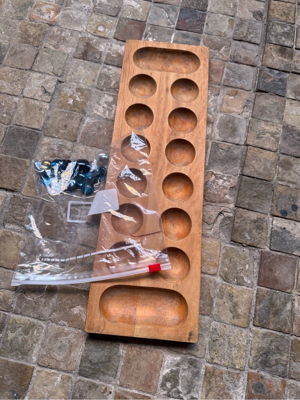 Wooden Mancala Board Game Tray - Natural Wood with 24 marbles